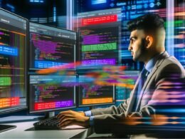 Junger Datenanalyst in moderner Büroumgebung vor mehreren Monitoren mit SQL-Code, Pivot-Tabellen und Execution Plans, umgeben von abstrakten Datenströmen und Diagrammen, die moderne Analysetechniken symbolisieren.