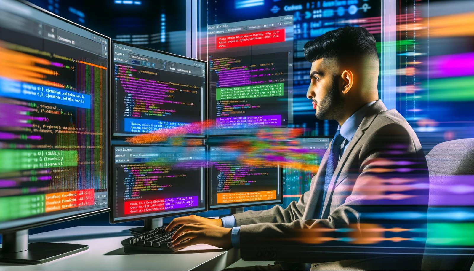 Junger Datenanalyst in moderner Büroumgebung vor mehreren Monitoren mit SQL-Code, Pivot-Tabellen und Execution Plans, umgeben von abstrakten Datenströmen und Diagrammen, die moderne Analysetechniken symbolisieren.