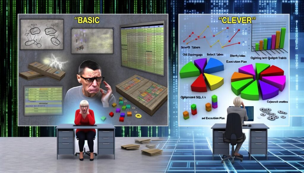 Szene mit Datenbank-Admin in grauer Umgebung und Marketer mit modernen, farbigen Dashboards – Visualisierung des Unterschieds zwischen einfachen und optimierten SQL-Abfragen.
