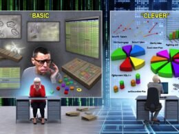 Szene mit Datenbank-Admin in grauer Umgebung und Marketer mit modernen, farbigen Dashboards – Visualisierung des Unterschieds zwischen einfachen und optimierten SQL-Abfragen.