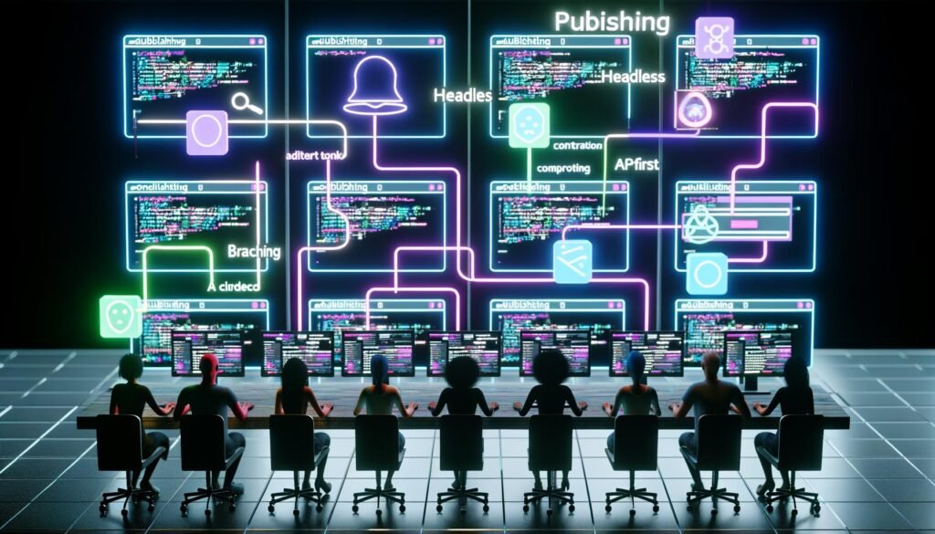 Modernes Redaktionsteam arbeitet gemeinsam an holografischen, verschachtelten Benutzeroberflächen mit interaktiven Icons wie API-Verbindungen, Drag-and-Drop-Blöcken und JSON-Dateien in einem technologiegetriebenen Arbeitsumfeld.