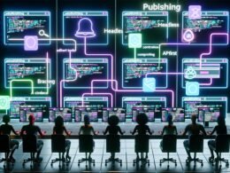 Modernes Redaktionsteam arbeitet gemeinsam an holografischen, verschachtelten Benutzeroberflächen mit interaktiven Icons wie API-Verbindungen, Drag-and-Drop-Blöcken und JSON-Dateien in einem technologiegetriebenen Arbeitsumfeld.