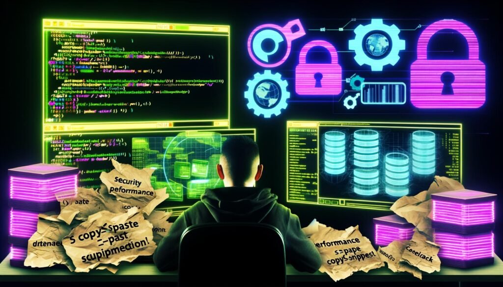 Magazin-Doppelseite im Cyberpunk-Look mit Datenbank-Administrator, leuchtenden Bildschirmen, SQL-Code, Datenbankdiagrammen und alten Copy-Paste-Zetteln als Müll, Neonfarben auf dunklem Hintergrund.