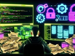 Magazin-Doppelseite im Cyberpunk-Look mit Datenbank-Administrator, leuchtenden Bildschirmen, SQL-Code, Datenbankdiagrammen und alten Copy-Paste-Zetteln als Müll, Neonfarben auf dunklem Hintergrund.