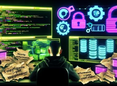 Magazin-Doppelseite im Cyberpunk-Look mit Datenbank-Administrator, leuchtenden Bildschirmen, SQL-Code, Datenbankdiagrammen und alten Copy-Paste-Zetteln als Müll, Neonfarben auf dunklem Hintergrund.