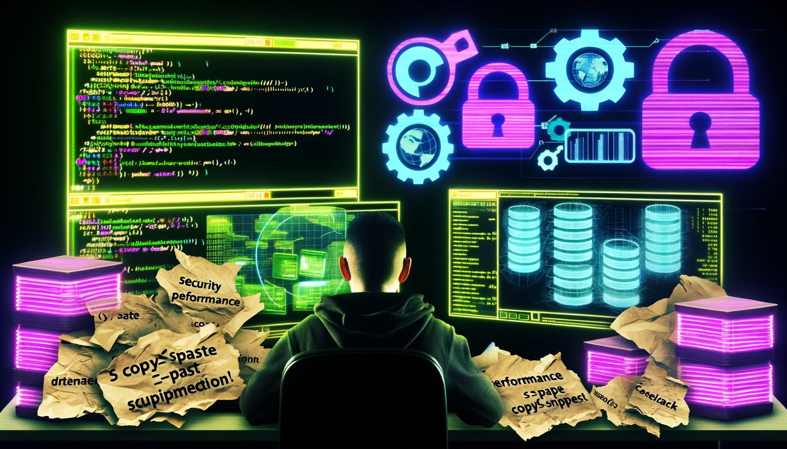 Magazin-Doppelseite im Cyberpunk-Look mit Datenbank-Administrator, leuchtenden Bildschirmen, SQL-Code, Datenbankdiagrammen und alten Copy-Paste-Zetteln als Müll, Neonfarben auf dunklem Hintergrund.