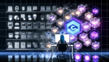 Futuristischer Arbeitsplatz mit Entwickler zwischen verblassenden WordPress- und Joomla-Logos sowie leuchtenden Builder.io- und Frontend-Framework-Icons.