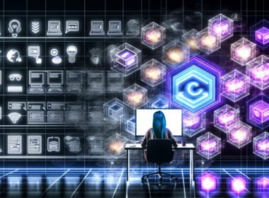 Futuristischer Arbeitsplatz mit Entwickler zwischen verblassenden WordPress- und Joomla-Logos sowie leuchtenden Builder.io- und Frontend-Framework-Icons.