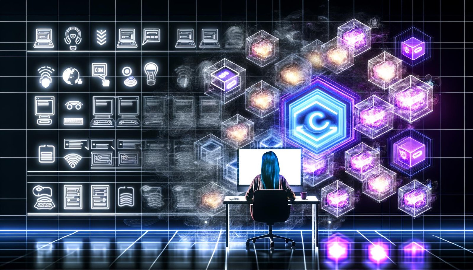 Futuristischer Arbeitsplatz mit Entwickler zwischen verblassenden WordPress- und Joomla-Logos sowie leuchtenden Builder.io- und Frontend-Framework-Icons.