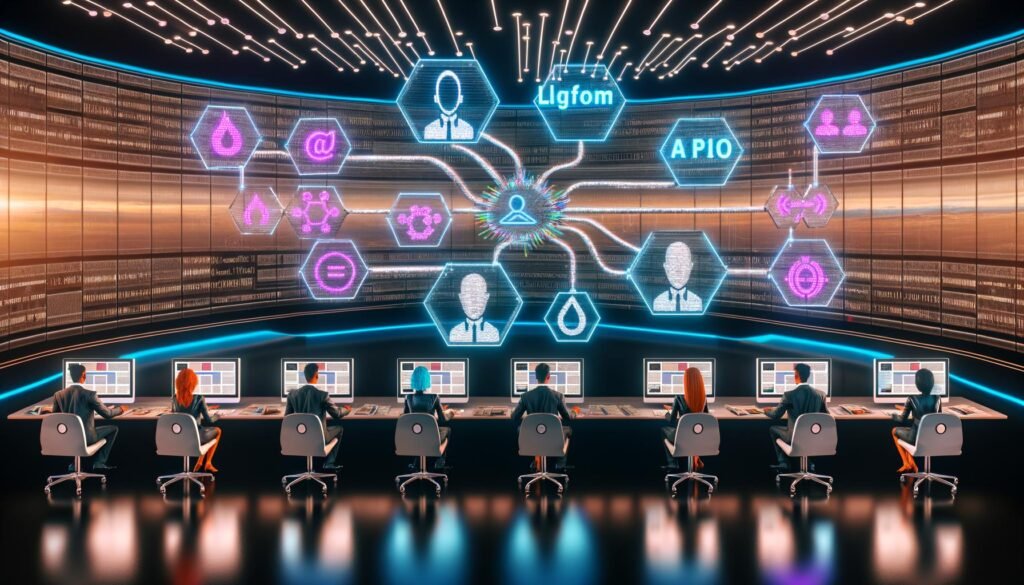 Futuristischer Newsroom mit modernen Monitoren, automatisierten Workflows, KI-Tools und Redakteuren, die Inhalte auf Tablets prüfen.