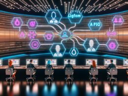 Futuristischer Newsroom mit modernen Monitoren, automatisierten Workflows, KI-Tools und Redakteuren, die Inhalte auf Tablets prüfen.