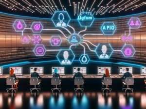 Futuristischer Newsroom mit modernen Monitoren, automatisierten Workflows, KI-Tools und Redakteuren, die Inhalte auf Tablets prüfen.