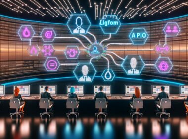 Futuristischer Newsroom mit modernen Monitoren, automatisierten Workflows, KI-Tools und Redakteuren, die Inhalte auf Tablets prüfen.