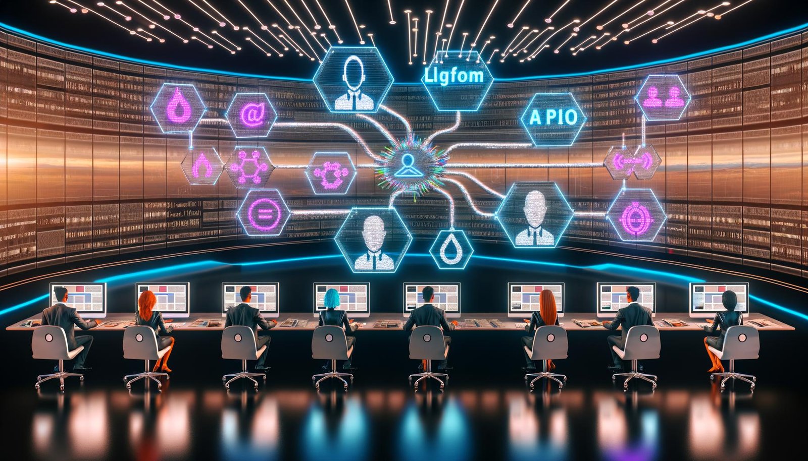 Futuristischer Newsroom mit modernen Monitoren, automatisierten Workflows, KI-Tools und Redakteuren, die Inhalte auf Tablets prüfen.