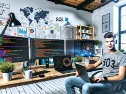 Junger Datenprofi mit Laptop arbeitet vor mehreren Bildschirmen mit SQL-Analysen und Datenvisualisierungen in einem modernen Loft-Büro mit Whiteboards, Pflanzen und Kaffebecher.