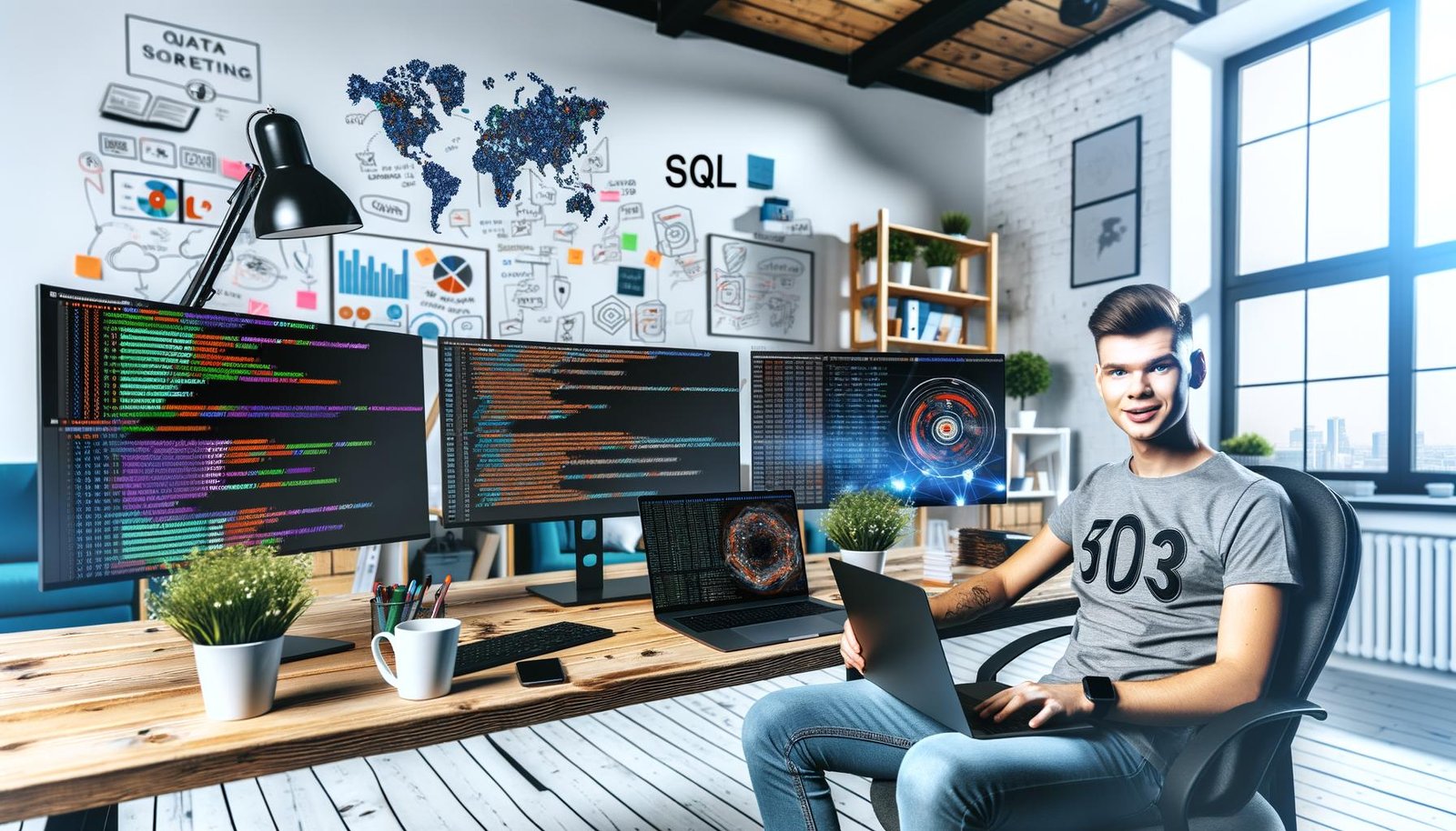 Junger Datenprofi mit Laptop arbeitet vor mehreren Bildschirmen mit SQL-Analysen und Datenvisualisierungen in einem modernen Loft-Büro mit Whiteboards, Pflanzen und Kaffebecher.
