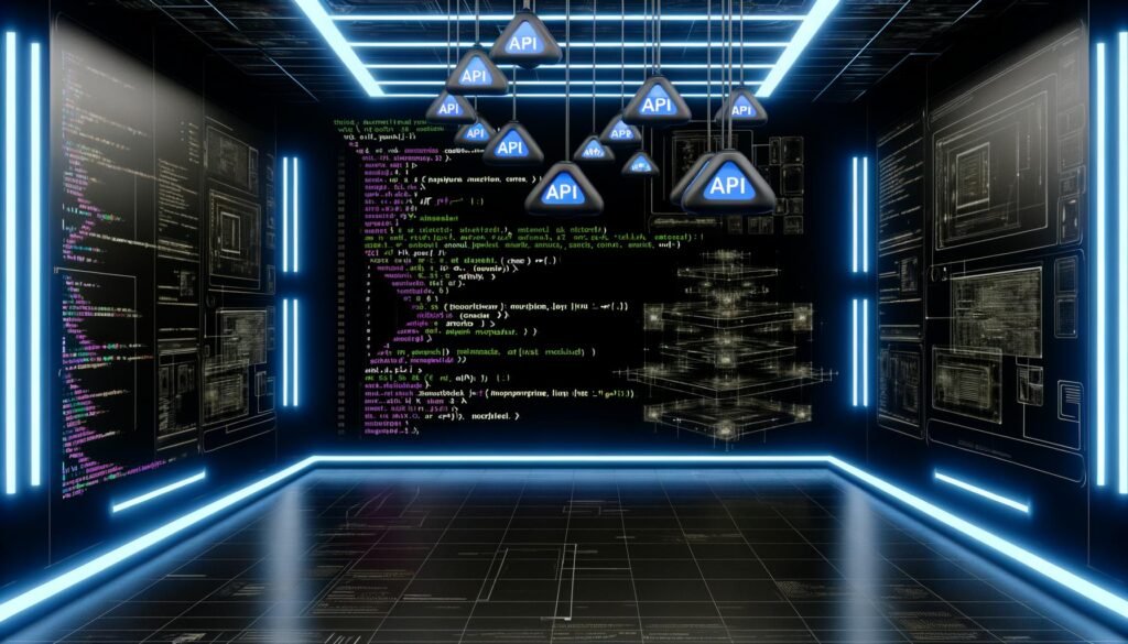 Modernes, dunkles Maschinenraum-Setting mit beleuchteten Code-Screens, Architekturdiagrammen, technischen Zeichnungen und schwebenden Frontend-Framework-Logos wie Next.js, Nuxt und React.