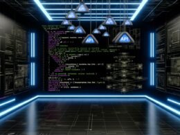 Modernes, dunkles Maschinenraum-Setting mit beleuchteten Code-Screens, Architekturdiagrammen, technischen Zeichnungen und schwebenden Frontend-Framework-Logos wie Next.js, Nuxt und React.