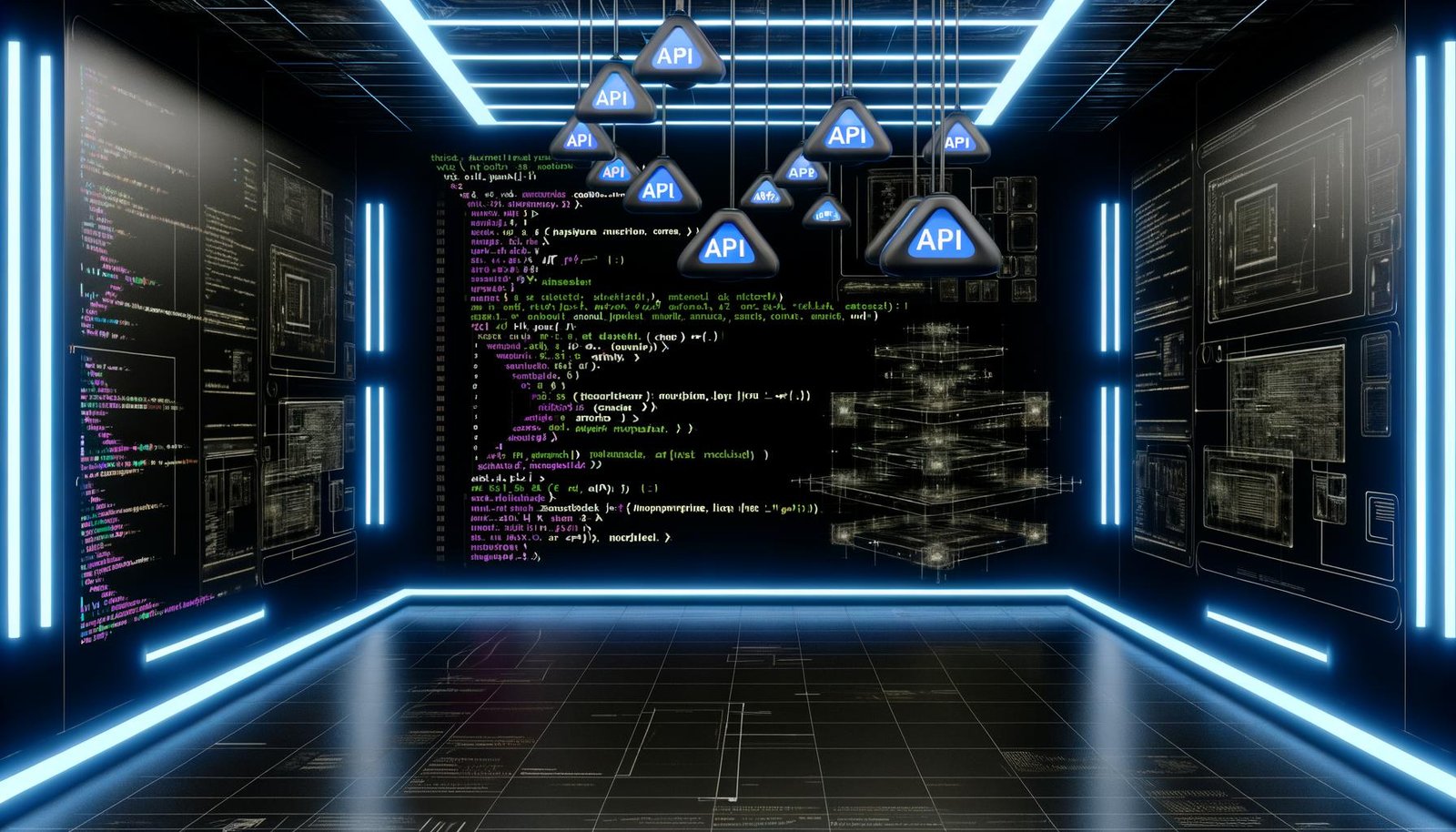 Modernes, dunkles Maschinenraum-Setting mit beleuchteten Code-Screens, Architekturdiagrammen, technischen Zeichnungen und schwebenden Frontend-Framework-Logos wie Next.js, Nuxt und React.