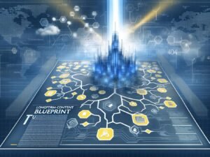 Modernes Magazin-Cover mit massiver digitaler Festung aus Datenströmen; umgeben von Inhalts-Clustern, Mindmaps, Verzeichnissen und SEO-Symbolen. Im Hintergrund ein stilisierter Suchalgorithmus und gezielte Lichtstrahlen.