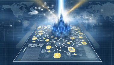 Modernes Magazin-Cover mit massiver digitaler Festung aus Datenströmen; umgeben von Inhalts-Clustern, Mindmaps, Verzeichnissen und SEO-Symbolen. Im Hintergrund ein stilisierter Suchalgorithmus und gezielte Lichtstrahlen.