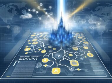 Modernes Magazin-Cover mit massiver digitaler Festung aus Datenströmen; umgeben von Inhalts-Clustern, Mindmaps, Verzeichnissen und SEO-Symbolen. Im Hintergrund ein stilisierter Suchalgorithmus und gezielte Lichtstrahlen.