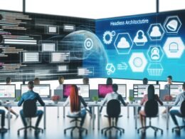 Marketing- und Entwicklungsteam gestaltet Content und APIs an großen Monitoren in einem modernen, hellen Büro mit Headless-Architektur-Diagrammen im Hintergrund.