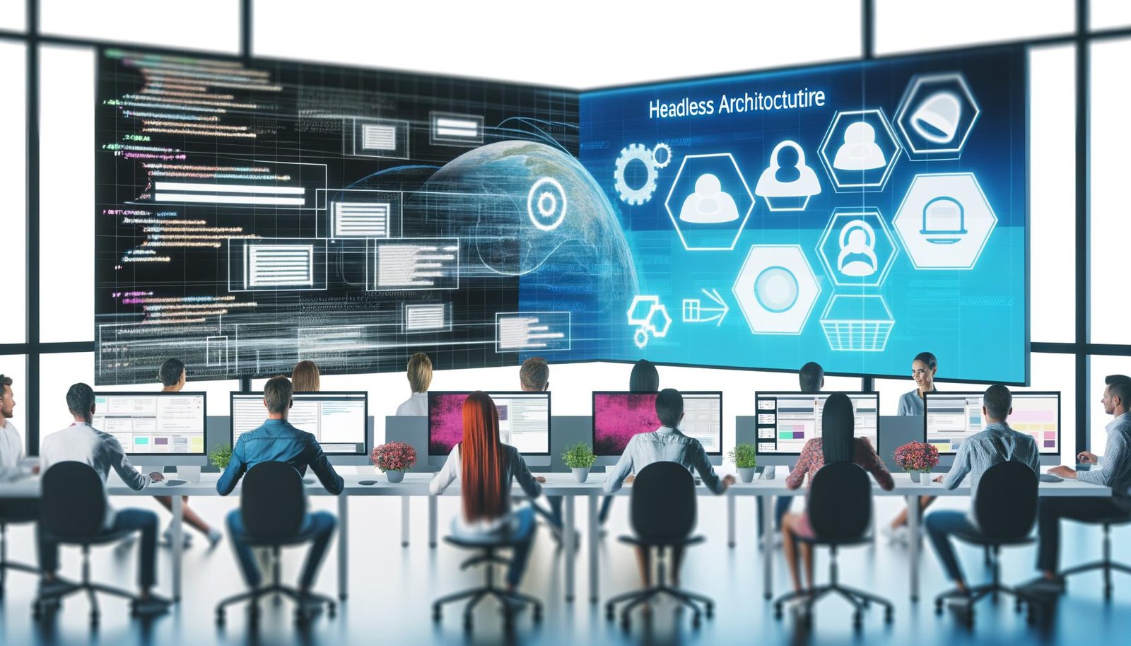 Marketing- und Entwicklungsteam gestaltet Content und APIs an großen Monitoren in einem modernen, hellen Büro mit Headless-Architektur-Diagrammen im Hintergrund.
