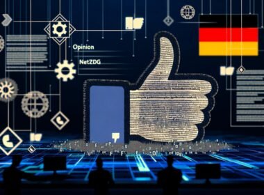 Illustrationen zu Facebook-Zensur, Netzwerkdurchsetzungsgesetz, Shadowbanning, juristischen Grauzonen und Debattenkultur im deutschen digitalen Raum mit Symbolen wie Paragraphen, Facebook-Logo und alternativen Plattformen.
