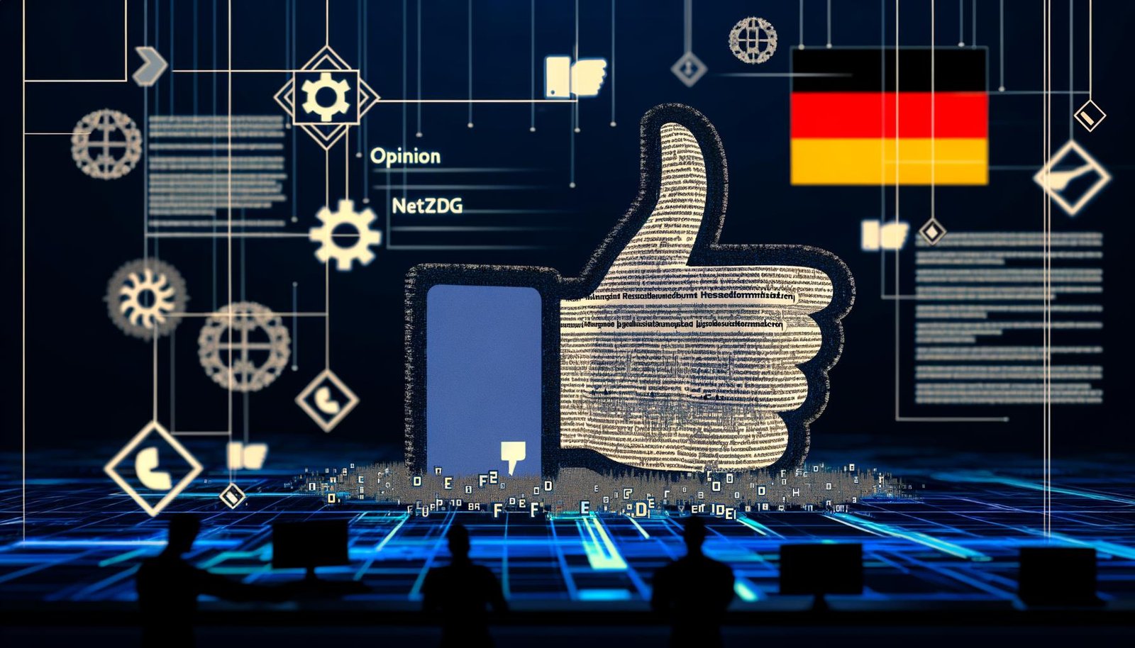 Illustrationen zu Facebook-Zensur, Netzwerkdurchsetzungsgesetz, Shadowbanning, juristischen Grauzonen und Debattenkultur im deutschen digitalen Raum mit Symbolen wie Paragraphen, Facebook-Logo und alternativen Plattformen.