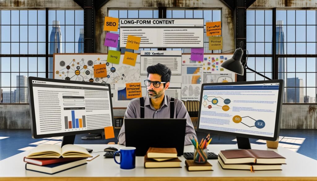 Moderner Content Editor vor großen Monitoren mit SEO-Tools, Keyword-Analysen, strukturierten Inhaltsplänen und Daten-Diagrammen, umgeben von Notizbüchern, Fachliteratur und Kaffee in kreativer Büroatmosphäre.