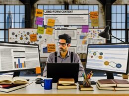 Moderner Content Editor vor großen Monitoren mit SEO-Tools, Keyword-Analysen, strukturierten Inhaltsplänen und Daten-Diagrammen, umgeben von Notizbüchern, Fachliteratur und Kaffee in kreativer Büroatmosphäre.