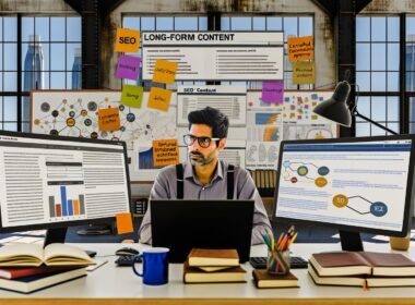 Moderner Content Editor vor großen Monitoren mit SEO-Tools, Keyword-Analysen, strukturierten Inhaltsplänen und Daten-Diagrammen, umgeben von Notizbüchern, Fachliteratur und Kaffee in kreativer Büroatmosphäre.