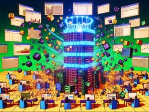 Illustration mit chaotischer Redaktion voller Excel-Tabellen und Fehler-Meldungen, gegenüber einem stabilen, abstrahierten Builder.io-Turm mit leuchtenden Datenbausteinen, digitalen Kanälen und einem zentralen API-Knotenpunkt.