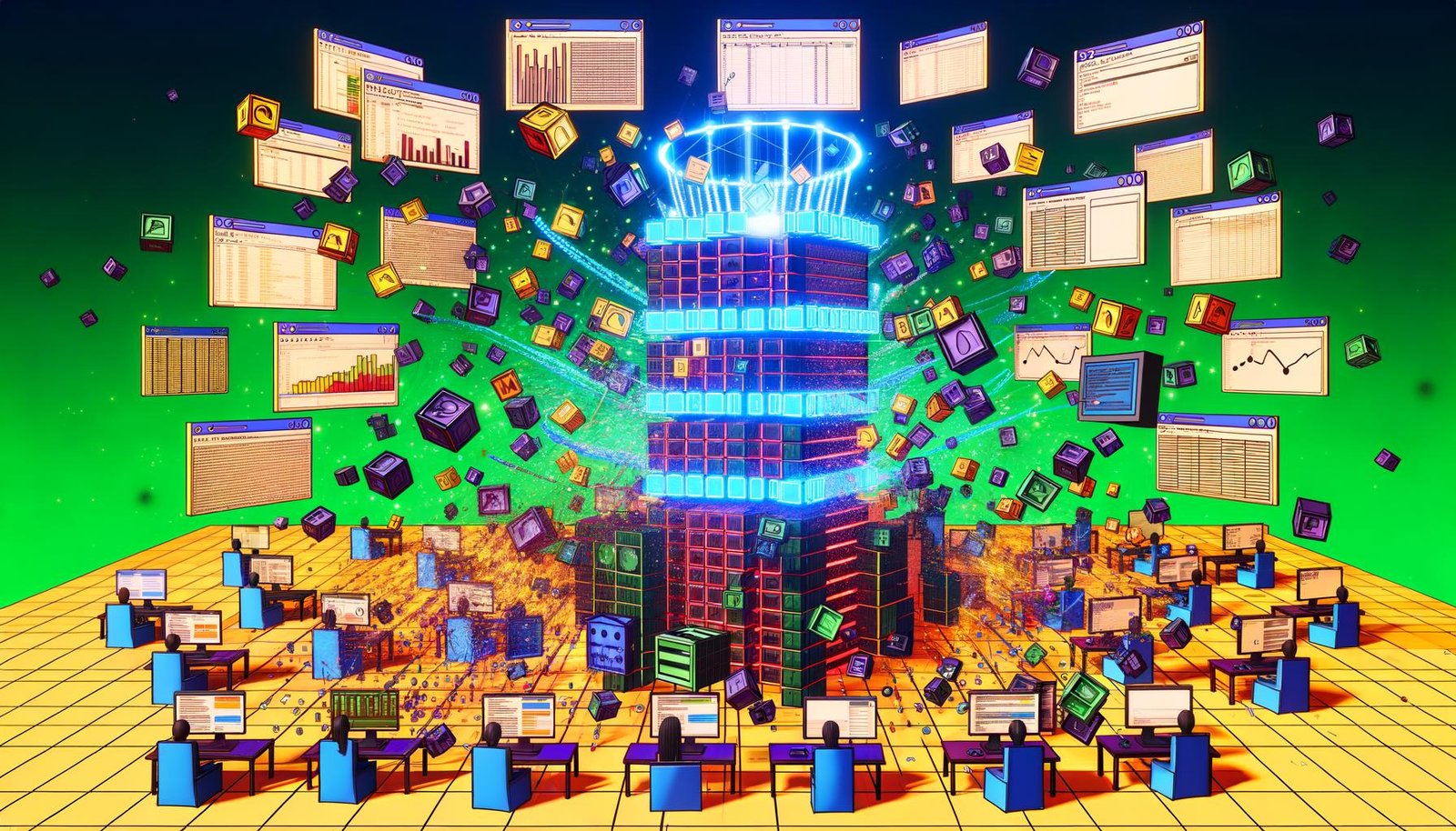 Illustration mit chaotischer Redaktion voller Excel-Tabellen und Fehler-Meldungen, gegenüber einem stabilen, abstrahierten Builder.io-Turm mit leuchtenden Datenbausteinen, digitalen Kanälen und einem zentralen API-Knotenpunkt.