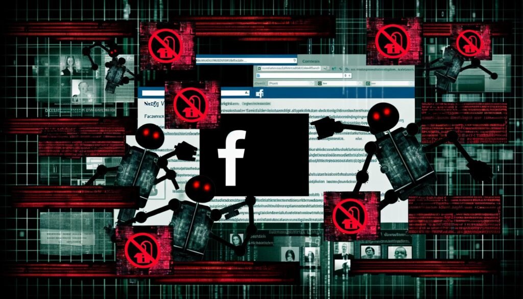 Technisierte Collage mit Facebook-Logo, Warnsymbolen, Algorithmus-Code, Kommentarblasen, NetzDG-Dokumenten und Silhouetten von Moderatoren in einer kontrollierten digitalen Umgebung.