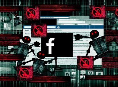 Technisierte Collage mit Facebook-Logo, Warnsymbolen, Algorithmus-Code, Kommentarblasen, NetzDG-Dokumenten und Silhouetten von Moderatoren in einer kontrollierten digitalen Umgebung.