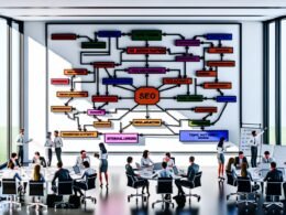 Im Büro steht ein Whiteboard mit farbig strukturierter Mindmap zu SEO-Strategien, umgeben von diskutierenden Marketing- und SEO-Profis mit Notizblöcken und Laptops.