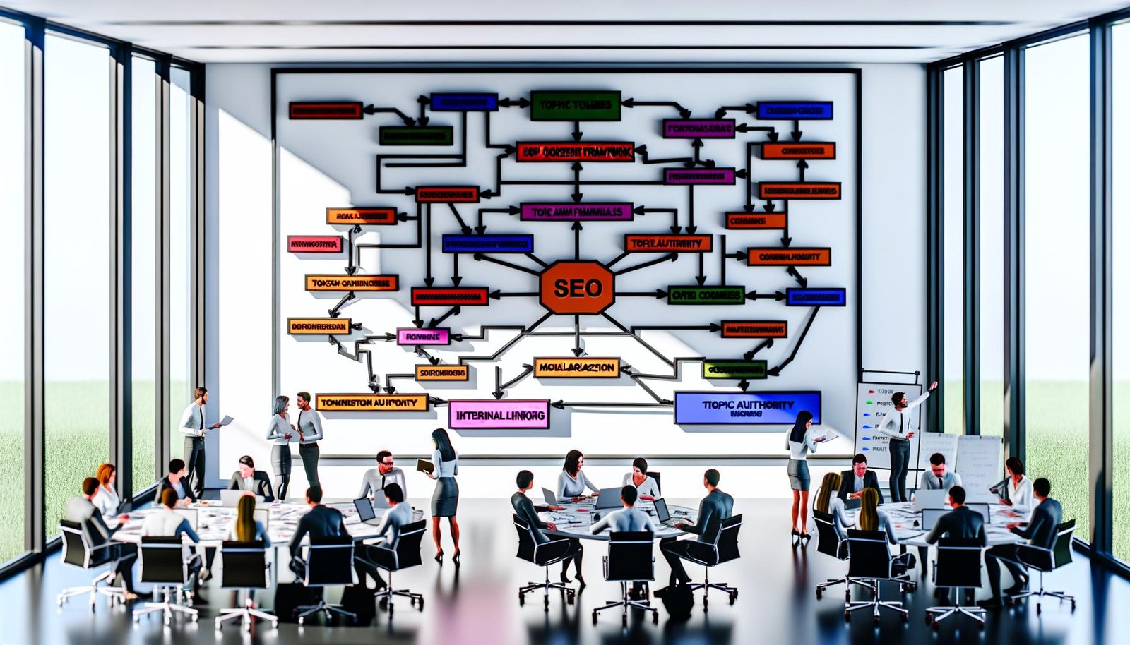 Im Büro steht ein Whiteboard mit farbig strukturierter Mindmap zu SEO-Strategien, umgeben von diskutierenden Marketing- und SEO-Profis mit Notizblöcken und Laptops.