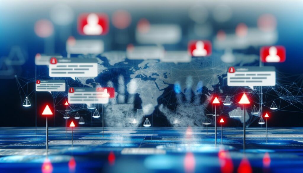 Abstrakte Facebook-Benutzeroberfläche mit Zensurbalken, Warnsymbolen, ausgegrauten Kommentaren, moderierenden Händen, Netzwerk-Algorithmen und Überwachungssymbolik in Blau- und Grautönen.