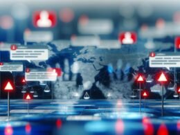 Abstrakte Facebook-Benutzeroberfläche mit Zensurbalken, Warnsymbolen, ausgegrauten Kommentaren, moderierenden Händen, Netzwerk-Algorithmen und Überwachungssymbolik in Blau- und Grautönen.