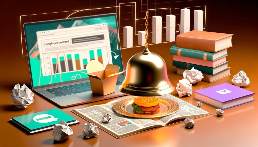 Digitale Collage mit Longform Content als mehrgängiges Menü und Fast Food Content als schnelle Snacks, visualisiert durch Bücher, Laptop und Fast-Food-Box.