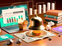 Digitale Collage mit Longform Content als mehrgängiges Menü und Fast Food Content als schnelle Snacks, visualisiert durch Bücher, Laptop und Fast-Food-Box.