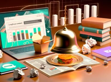 Digitale Collage mit Longform Content als mehrgängiges Menü und Fast Food Content als schnelle Snacks, visualisiert durch Bücher, Laptop und Fast-Food-Box.