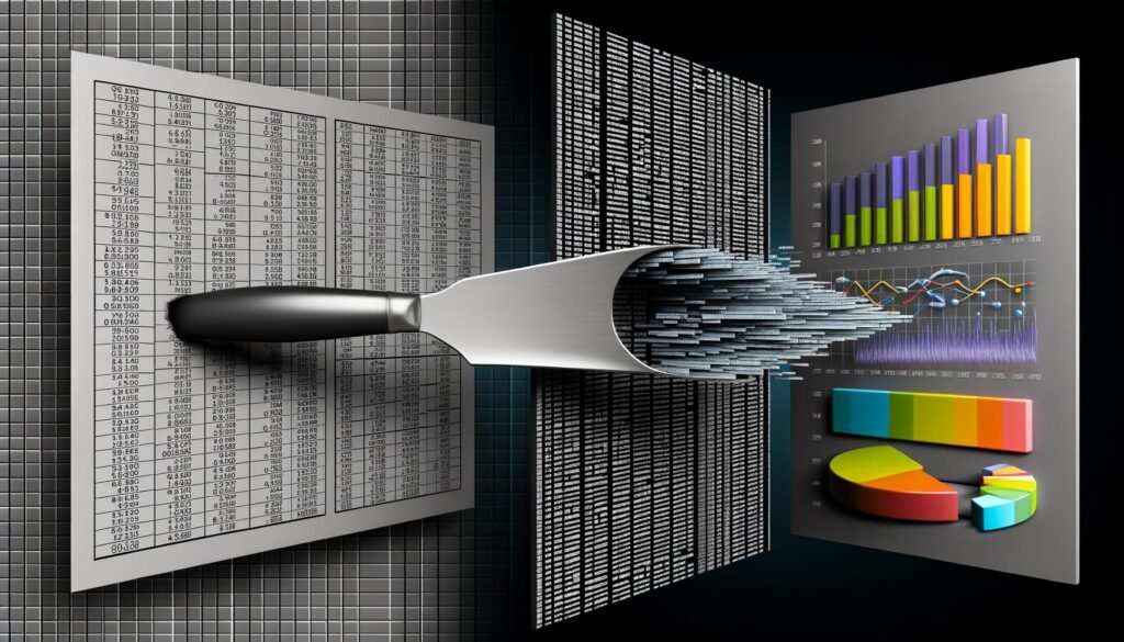 Modern gestaltete Infografik mit kontrastierenden Rohdatentabellen links und farbigen Visualisierungen rechts, getrennt durch ein Skalpell; im Mittelpunkt ein SQL-Codefragment.