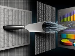 Modern gestaltete Infografik mit kontrastierenden Rohdatentabellen links und farbigen Visualisierungen rechts, getrennt durch ein Skalpell; im Mittelpunkt ein SQL-Codefragment.
