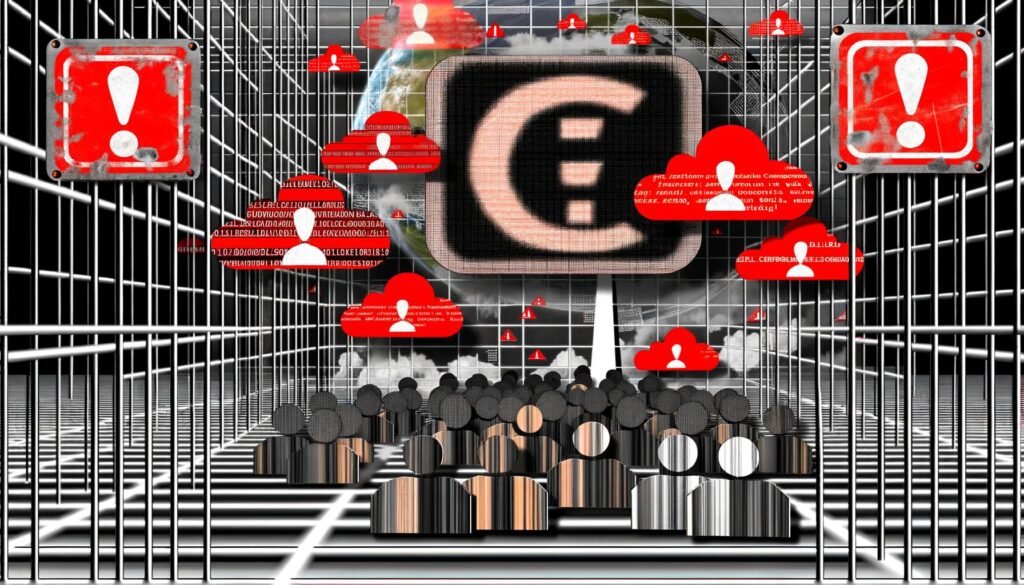 Stilisiertes Facebook-Logo mit roten ZENSUR-Stempeln, Warnsymbolen, deutschen Wahrzeichen, verpixelten Usern und den Begriffen NetzDG und Algorithmus, symbolhaft für digitale Kontrolle und Überwachung.