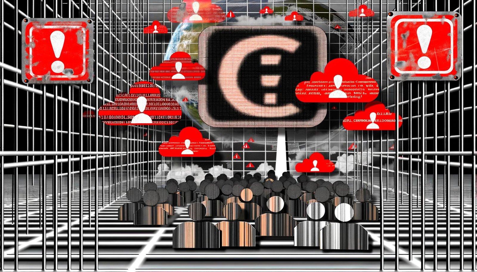 Stilisiertes Facebook-Logo mit roten ZENSUR-Stempeln, Warnsymbolen, deutschen Wahrzeichen, verpixelten Usern und den Begriffen NetzDG und Algorithmus, symbolhaft für digitale Kontrolle und Überwachung.