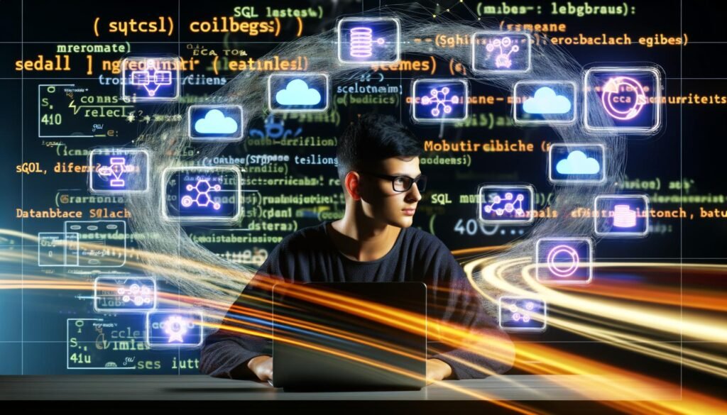 Junger Data Professional mit Laptop, umgeben von verschlungenen SQL-Befehlen, Datenbank-Ikonen und Dashboard-Grafiken, vor leuchtenden Datenströmen und Cloud-Symbolen