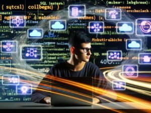 Junger Data Professional mit Laptop, umgeben von verschlungenen SQL-Befehlen, Datenbank-Ikonen und Dashboard-Grafiken, vor leuchtenden Datenströmen und Cloud-Symbolen
